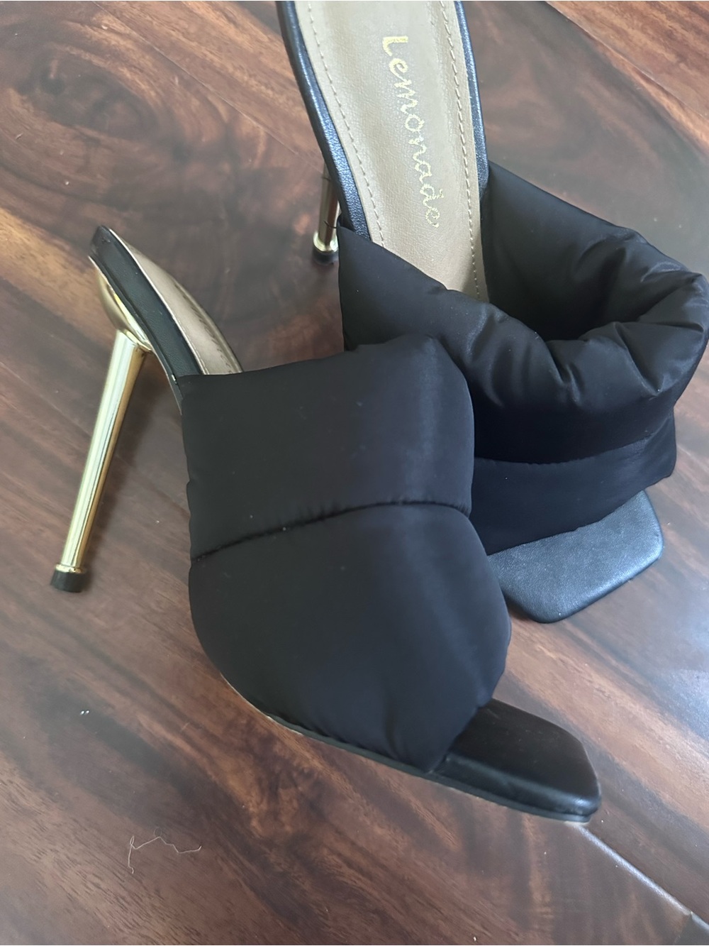Black tufted Mule Heels with Gold Stiletto